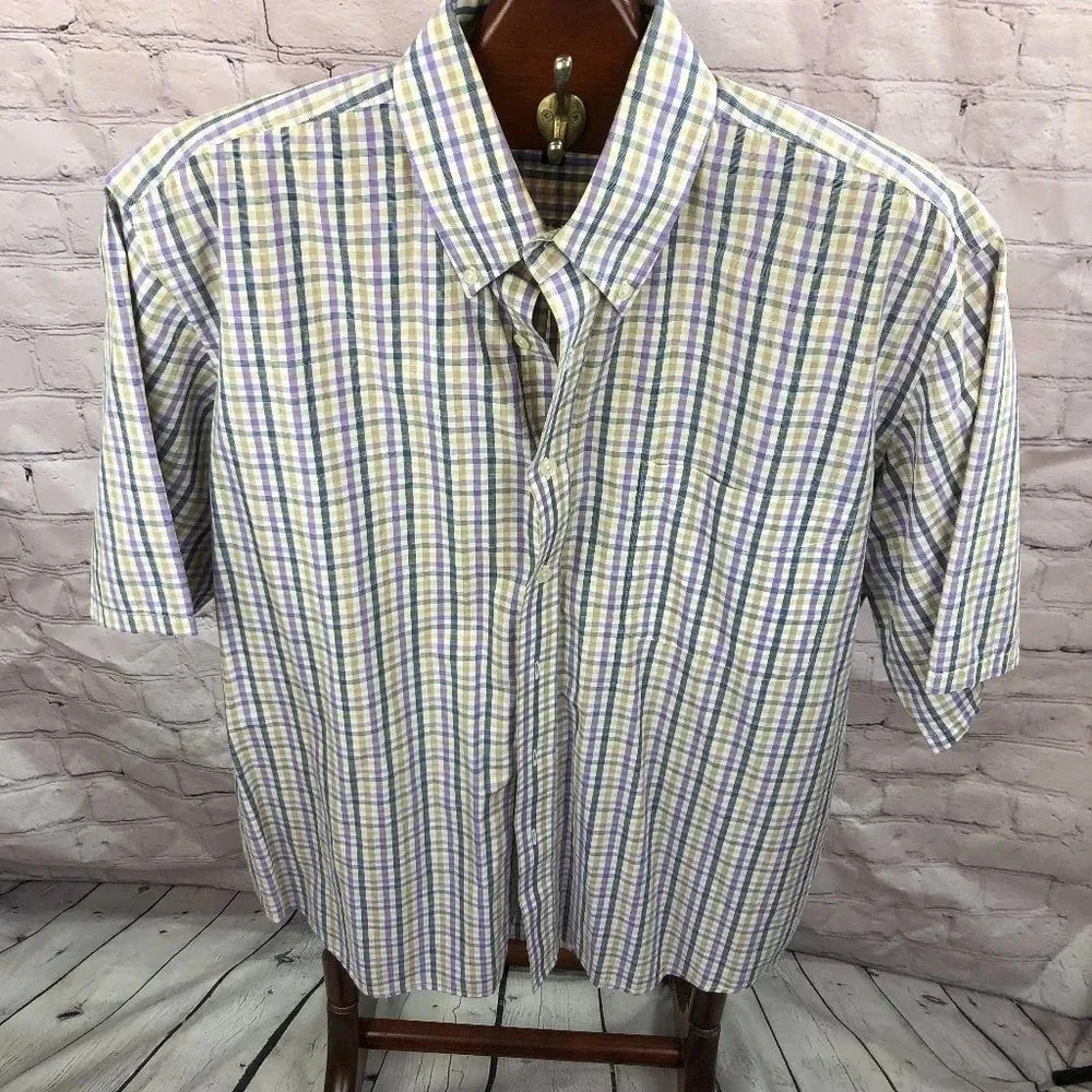 alan flusser short sleeve plaid button down shirt size large